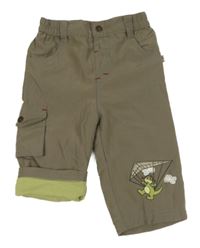 Olivové šusťákové podšité kalhoty s dráčkem 