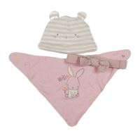 3 set - bílo-růžová pruhovaná čepice s čumákem + světlerůžový slinták s králíkem + čelenka 