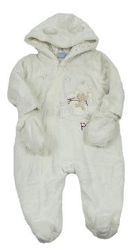 Bílá chlupatá zateplená kombinéza - medvídek Pú s kapucí + rukavice Disney