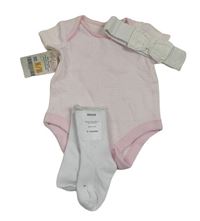 3 set - růžovo-bílé pruhované body + bílé ponožky + čelenka s mašlí 
