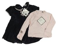 Nové - Světlerůžové triko s mašlemi + Tmavomodré manšestrové šaty s mašlí 