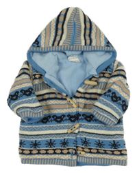 Modro-černo-bílo-béžový vzorovaný propínací zateplený svetr s kapucí 