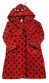 Červeno-černý puntíkatý plyšový župan s kapucí - kočička 