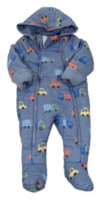 Šedomodrá šusťáková zimní kombinéza s auty a kapucí Primark