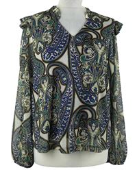 Dámská tmavomodro-zeleno-hnědá vzorovaná tylová halenka Next