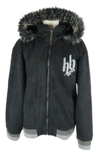 Pánská černá semišová bunda s logem a kapucí Hoodboyz 