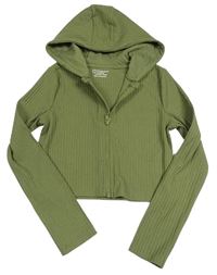 Khaki žebrovaná crop propínací mikina s kapucí zn. Primark