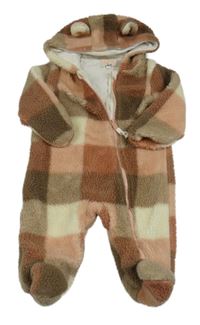 Růžovo-hnědo-bílá kostkovaná huňatá podšitá kombinéza s kapucí Mantaray