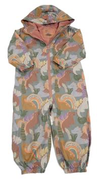 Khaki šusťáková podšitá kombinéza s dinosaury a kapucí Next