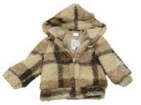 Béžovo-hnědá kostkovaná huňatá podšitá bunda s kapucí hema
