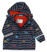 Tmavomodrá pruhovaná šusťáková jarní bunda s auty a kapucí Topolino