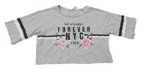 Šedé crop tričko s nápisem a květy H&M