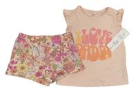 2set - Růžové tričko s nápisem + kytičkované bavlněné kraťasy F&F