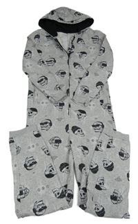 Šedá melírovaná tepláková kombinéza s lebkami a kapucí George