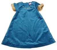 Petrolejové sametové šaty s kamínky a kožešinou 