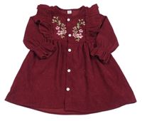 Vínové žebrované šaty s květy a volánky Shein