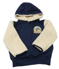 Tmavomodro-béžová mikina s nášivkou, huňatými rukávy a kapucí Kiki&Koko