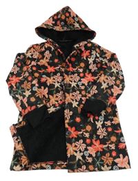 Černo-růžový květovaný plátěný zateplený kabát s kapucí 