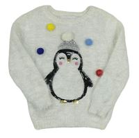 Bílý chlupatý svetr s tučňákem s bambulkami Primark