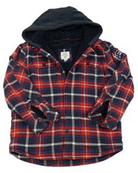 Červeno-tmavomodro-bílá kostkovaná flanelová zateplená košilová bunda s kapucí Lily & Dan