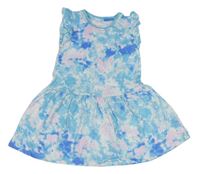 Azurovo-bílo-světlerůžovo-safírové batikované šaty s volánky PRIMARK
