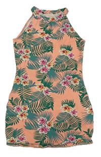 Meruňkové elastické šaty s květy a lístečky New Look