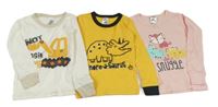 3x - Pyžamové triko - Bílo/světlebéžové s buldozerem, tmavožluto/černé s dinosaurem, světlerůžové se zvířátky Gerber