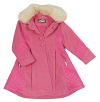 Růžový flaušovo/šusťákový podšitý kabát s kožešinovým límečkem