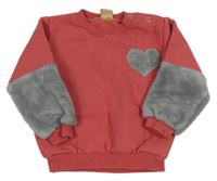 Jahodovo-šedá teplákovo/chlupatá teplá mikina se srdíčkem 