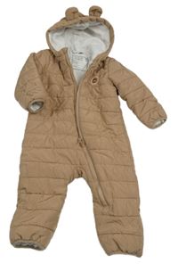 Světlehnědá prošívaná šusťáková zimní kombinéza s medvídkem a kapucí s oušky dopodopo