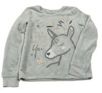 Světlešedá plyšová mikina se sobem a nápisy 