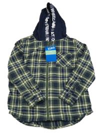 Nové - khaki-tmavomodro-bílo-limetková kostkovaná košile s kapucí s nápisy Kiki&Koko