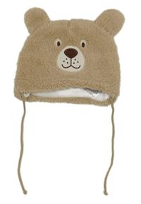 Béžová huňatá zavazovací čepice - medvídek Ergee