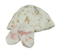 2Set - Smetanová čepice s králíčky - Peter Rabbit morrisons + bílé rukavice se zvířátky 