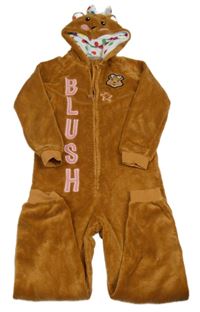 Medová plyšová kombinéza s medvídkem Blush a kapucí George