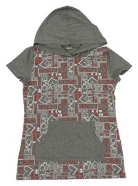 Šedé melírované tričko s nápisy a srdíčky a kapsou a kapucí