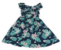 Tmavomodré šaty s lístečky a květy a volánkem Y.F.K.