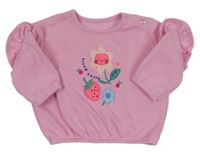Růžová oversize mikina s kytičkami a jahůdkou a volánky Matalan