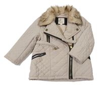 Smetanový prošívaný šusťákový zateplený křivák s kožešinovým límečkem a páskem RIVER ISLAND