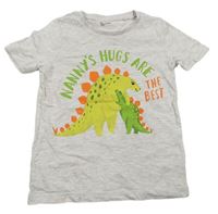 Světlešedé tričko s dinosaury a nápisy Tu 
