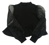 Černé žebrované crop triko s organzovými rukávy Pep&Co