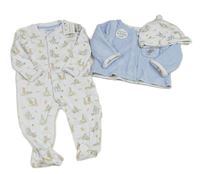 3set s Peter Rabbit - bílý overal + světlemodrá sametová propínací oboustranná mikina + bílá bavlněná čepice Jojo Maman Bébé