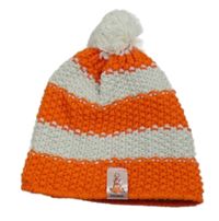 Oranžovo-bílá pruhovaná pletená čepice s bambulí