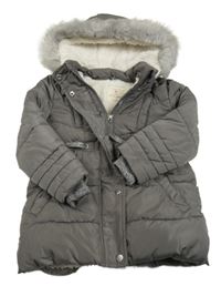 Tmavošedý šusťákový zimní kabát s kapucí s kožešinou Primark