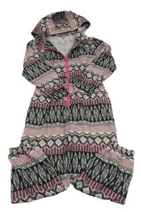 Černo-béžovo-růžová vzorovaná šusťáková kombinéza s kapucí Tu