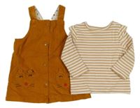 2set - Medové manšestrové podšité propínací šaty s čumáky + bílo-barevné pruhované žebrované triko C&A