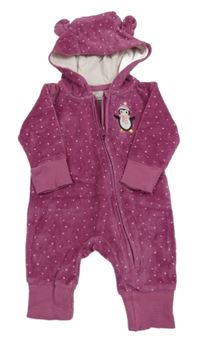 Fuchsiová puntíkatá sametová kombinéza s tučňákem a kapucí Orsolino