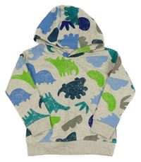 Světlešedá melírovaná mikina s dinosaury a kapucí Dunnes