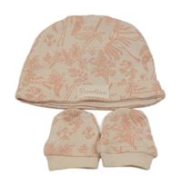 2set - Růžová bavlněná čepice s listy + rukavice