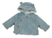 Modrá plyšová zateplená propínací mikina s kapucí s oušky Tu